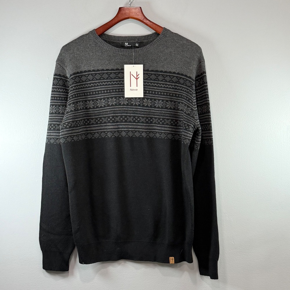 Neve Mens Crewneck Sweater Black Charcoal Fair Isle Merino Wool Blend L